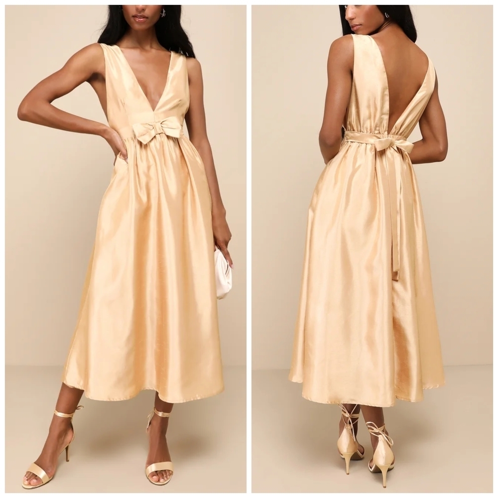 Lulus Elegant Destiny Gold Sleeveless Bow Midi Dress Size Small